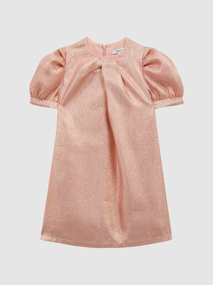 Reiss Pink Lexi 9-14 yrs Metallic Puff Sleeve Dress - Image 2 of 6
