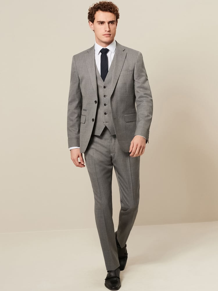 Light Grey Slim Fit Textured Wool Suit Trousers - Image 2 of 8