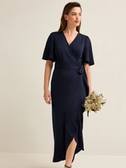 Navy Blue Wrap Front Bridesmaid Maxi Dress - Image 2 of 10