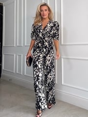 Girl In Mind Black/Cream Spot Fizz Puff Sleeve Wide Leg Jumpsuit - Image 1 of 4