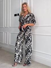 Girl In Mind Black/Cream Spot Fizz Puff Sleeve Wide Leg Jumpsuit - Image 2 of 4