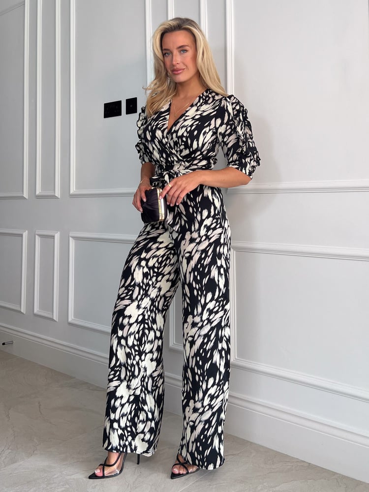 Girl In Mind Black/Cream Spot Fizz Puff Sleeve Wide Leg Jumpsuit - Image 2 of 4