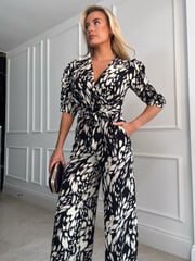 Girl In Mind Black/Cream Spot Fizz Puff Sleeve Wide Leg Jumpsuit - Image 3 of 4