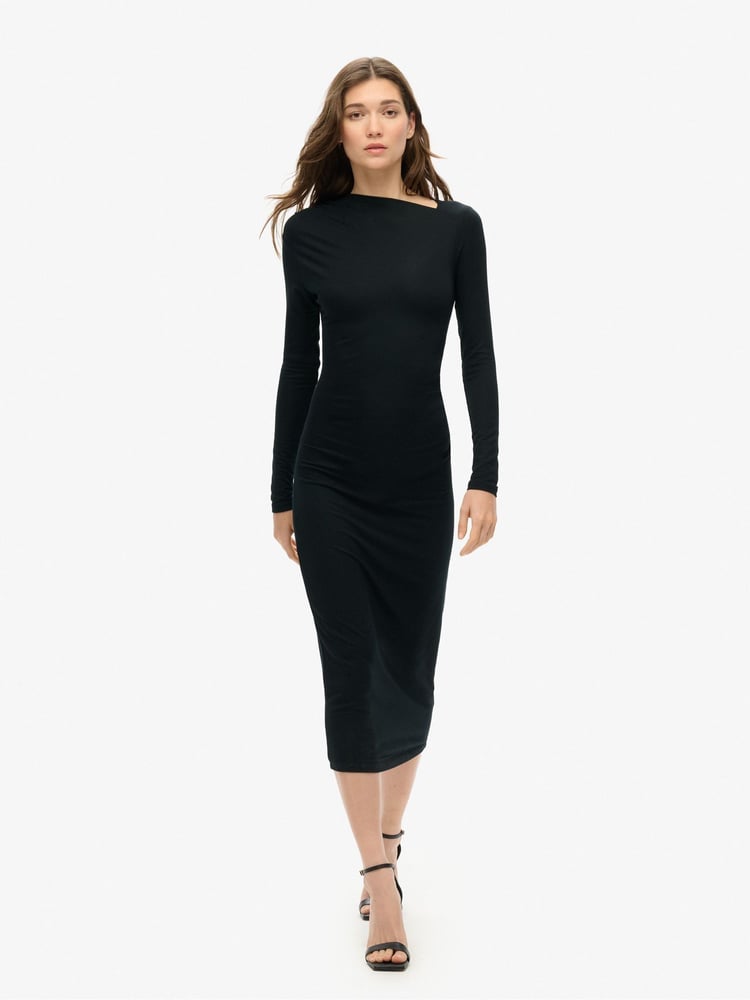 Superdry Black Long Sleeve Ruched Midi Dress - Image 1 of 3