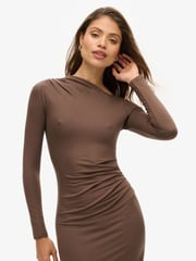 Superdry Chocolate Brown Long Sleeve Ruched Midi Dress - Image 2 of 6