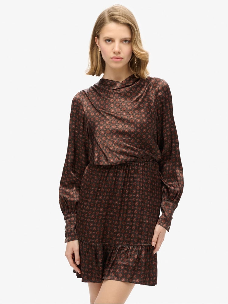 Superdry Geo Tile Orange Mini Cowl Neck Jacquard Dress - Image 1 of 8
