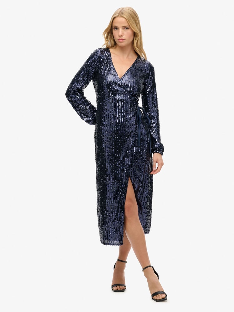 Superdry Navy Sequin Sequin Wrap Maxi Dress - Image 1 of 4