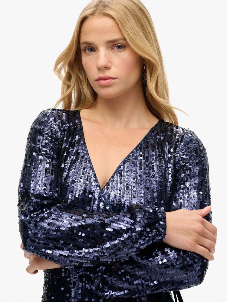 Superdry Navy Sequin Sequin Wrap Maxi Dress - Image 2 of 4