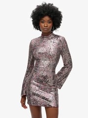 Superdry Floral Sequin Long Sleeve Printed Sequin 100% Cotton Mini Dress - Image 1 of 5