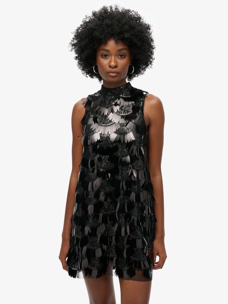 Superdry Black Sequin A-Line Fringe Sequin Dress - Image 2 of 6