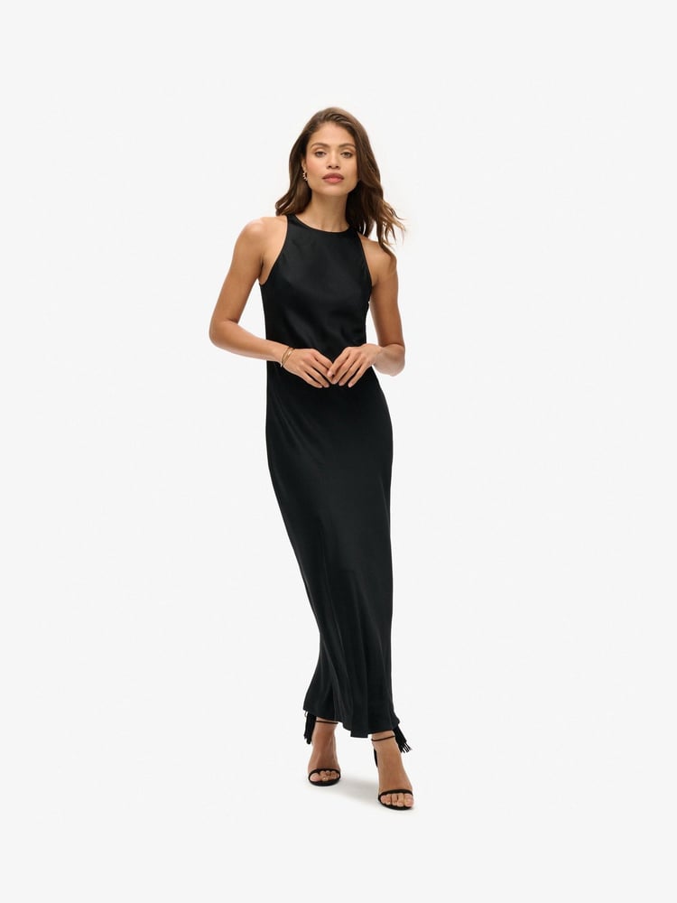 Superdry Black Superdry Satin Racer Midi Dress - Image 1 of 7