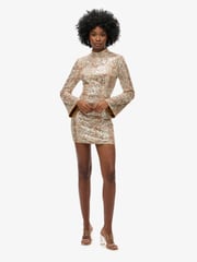 Superdry Paisley Sequin Long Sleeve Printed Sequin 100% Cotton Mini Dress - Image 1 of 6