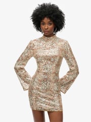 Superdry Paisley Sequin Long Sleeve Printed Sequin 100% Cotton Mini Dress - Image 2 of 6