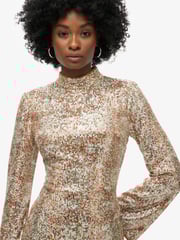 Superdry Paisley Sequin Long Sleeve Printed Sequin 100% Cotton Mini Dress - Image 4 of 6