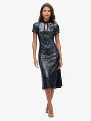 Superdry Gunmetal Sequin Mandarin Sequin Midi Dress - Image 1 of 3