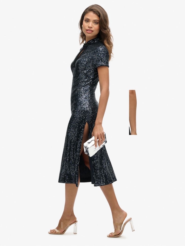 Superdry Gunmetal Sequin Mandarin Sequin Midi Dress - Image 2 of 3