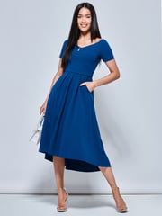 Jolie Moi Blue Off Shoulder Dip Hem Dress - Image 1 of 5