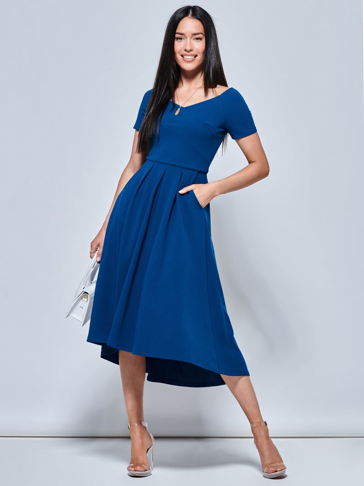 Jolie Moi Blue Off Shoulder Dip Hem Dress - Image 1 of 5
