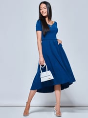 Jolie Moi Blue Off Shoulder Dip Hem Dress - Image 3 of 5
