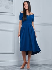 Jolie Moi Blue Off Shoulder Dip Hem Dress - Image 4 of 5