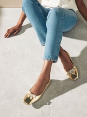 Gold Forever Comfort® Square Toe Bow Trim Ballerinas - Image 1 of 8