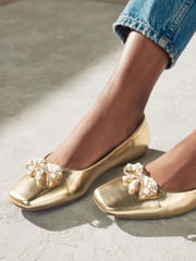 Gold Forever Comfort® Square Toe Bow Trim Ballerinas - Image 2 of 8