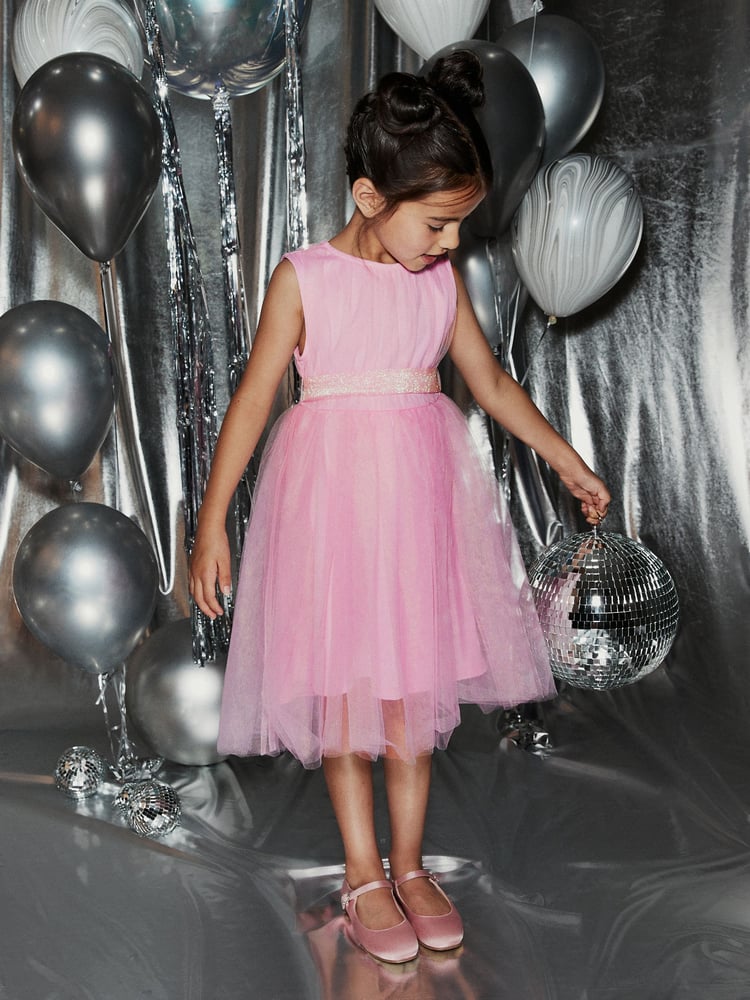 Pale Pink Mesh Tie Back Party Dress (3-16yrs) - Image 1 of 13