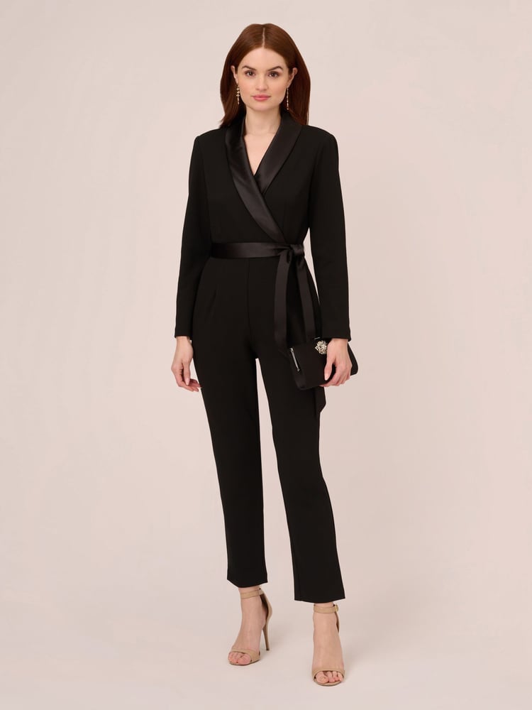 Adrianna Papell Black Crepe Tuxedo Jumpsuit - Image 1 of 7