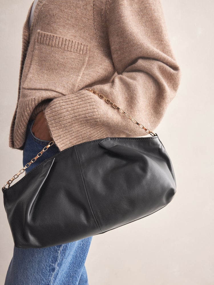 Black Leather Pleated Chain Clutch - Image 2 of 8