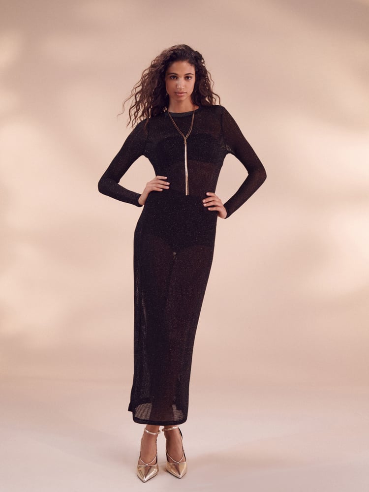 Black/Gold Crochet Mesh Sparkle Sheer Long Sleeve Midi Length Dress - Image 1 of 6