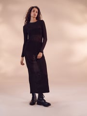 Black/Gold Crochet Mesh Sparkle Sheer Long Sleeve Midi Length Dress - Image 2 of 6