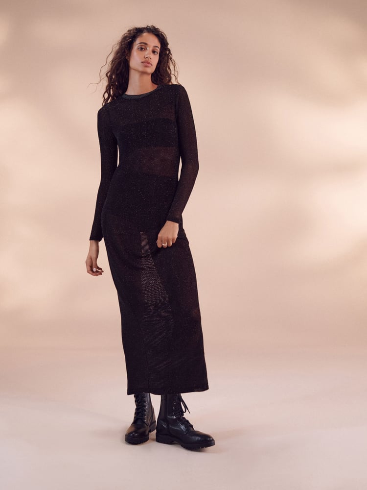 Black/Gold Crochet Mesh Sparkle Sheer Long Sleeve Midi Length Dress - Image 2 of 6