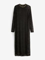 Black/Gold Crochet Mesh Sparkle Sheer Long Sleeve Midi Length Dress - Image 5 of 6