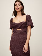 Brown Textured Puff Sleeve Mini Dress - Image 1 of 7