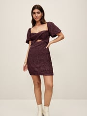Brown Textured Puff Sleeve Mini Dress - Image 2 of 7
