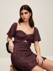 Brown Textured Puff Sleeve Mini Dress - Image 4 of 7