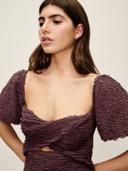 Brown Textured Puff Sleeve Mini Dress - Image 5 of 7