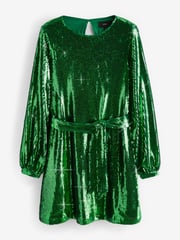 Green Long Sleeve Belted Sequin Mini Dress - Image 1 of 6