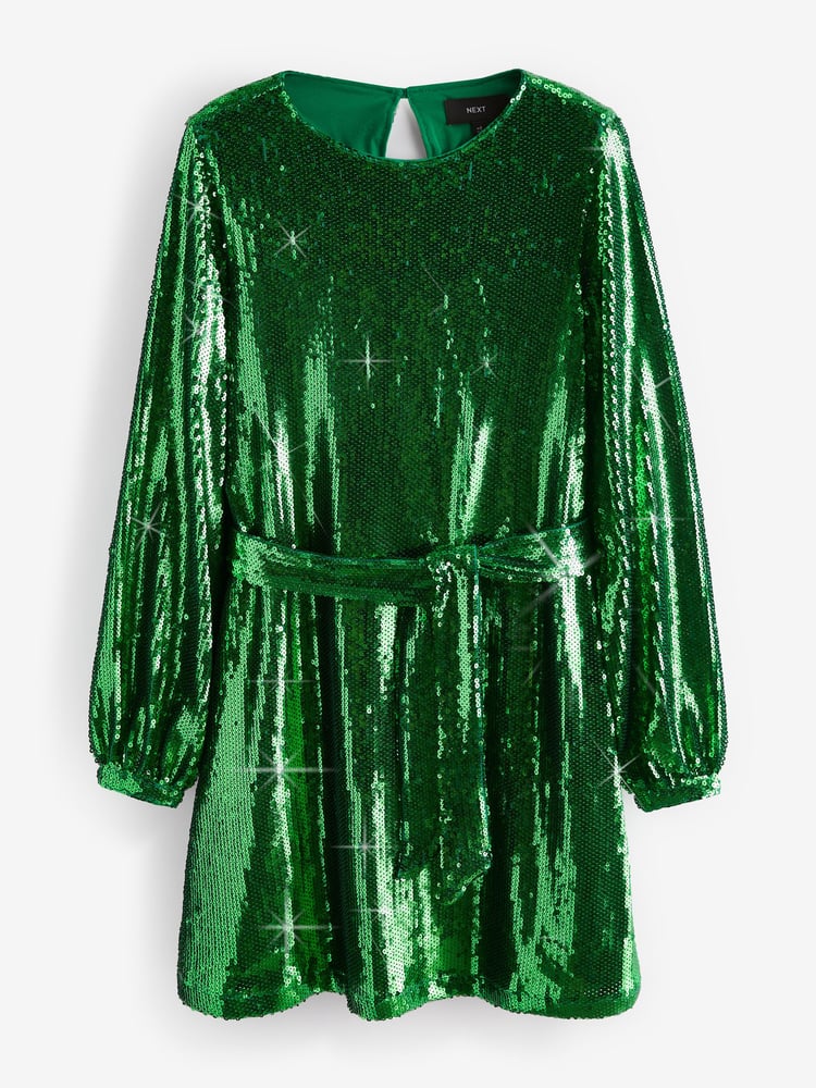 Green Long Sleeve Belted Sequin Mini Dress - Image 1 of 6