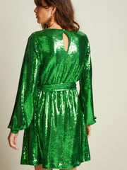 Green Long Sleeve Belted Sequin Mini Dress - Image 3 of 6
