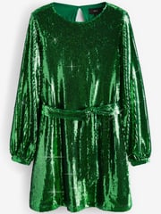 Green Long Sleeve Belted Sequin Mini Dress - Image 5 of 6