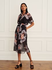 Black and Orange Printed Short Sleeve Tie Waist Midi Dress - Image 1 of 7