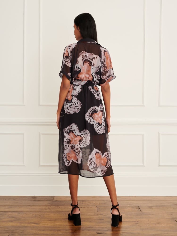 Black and Orange Printed Short Sleeve Tie Waist Midi Dress - Image 2 of 7
