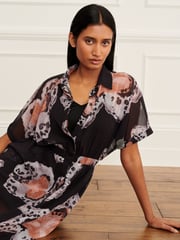 Black and Orange Printed Short Sleeve Tie Waist Midi Dress - Image 3 of 7