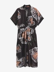 Black and Orange Printed Short Sleeve Tie Waist Midi Dress - Image 6 of 7