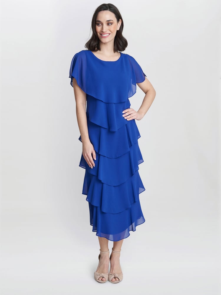 Tessa Midi Tiered Dress With Shoulder Trim - Image 1 of 4