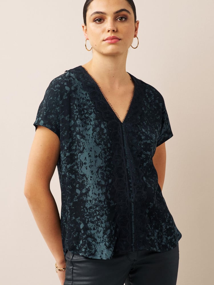 Grey Animal Printed Short Sleeve Lace Trim Top - Image 1 of 6
