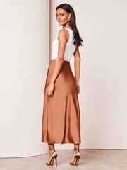 Lipsy Orange Rust Petite Satin Bias Cut Midi Skirt - Image 1 of 4