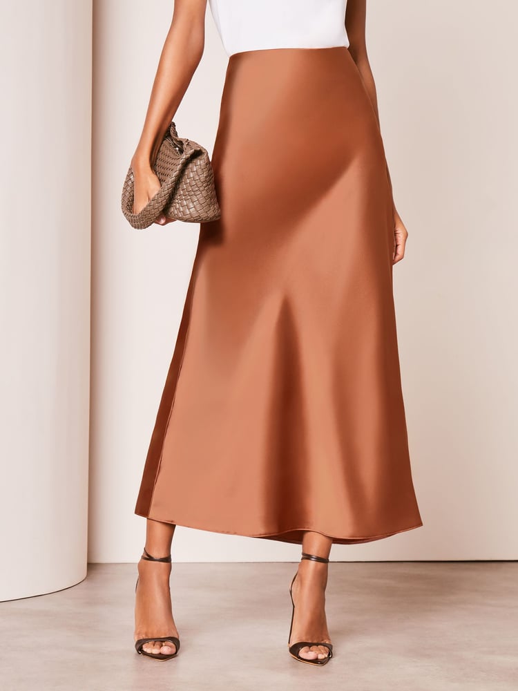 Lipsy Orange Rust Petite Satin Bias Cut Midi Skirt - Image 2 of 4