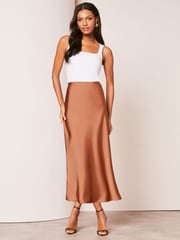 Lipsy Orange Rust Petite Satin Bias Cut Midi Skirt - Image 3 of 4